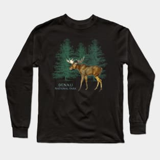 Denali National Park Alaska USA Moose Trees Silhouette Souvenir Long Sleeve T-Shirt